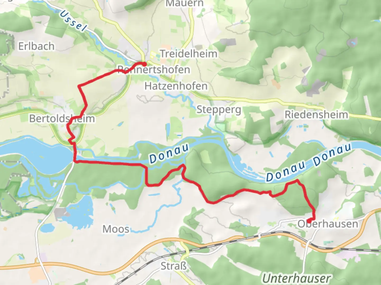 An image depicting the trail Rennertshofen to Oberhausen via Urdonautalsteig and its surrounding area.