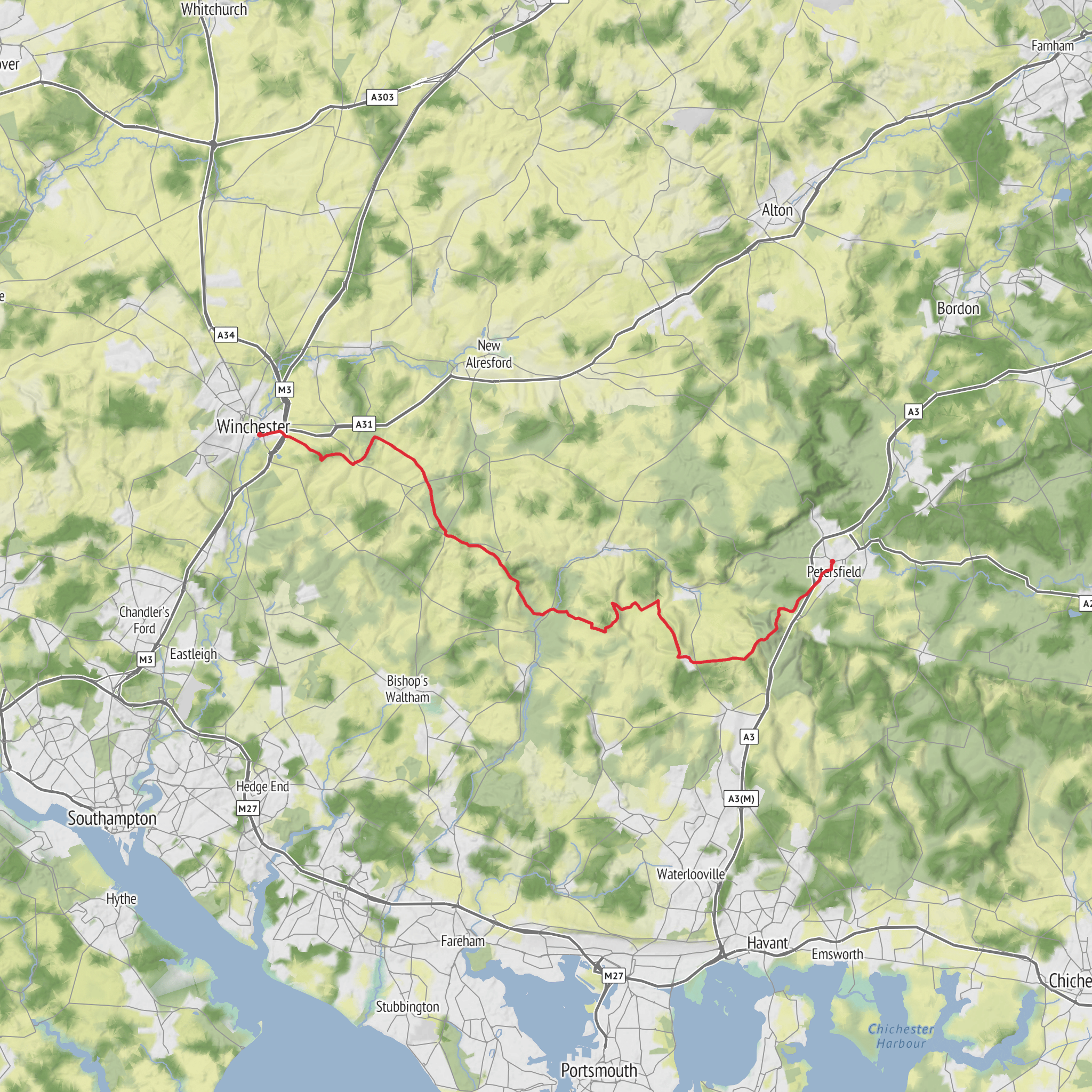 Winchester to Petersfield via Beacon Hill and Butser Hill mobile static map