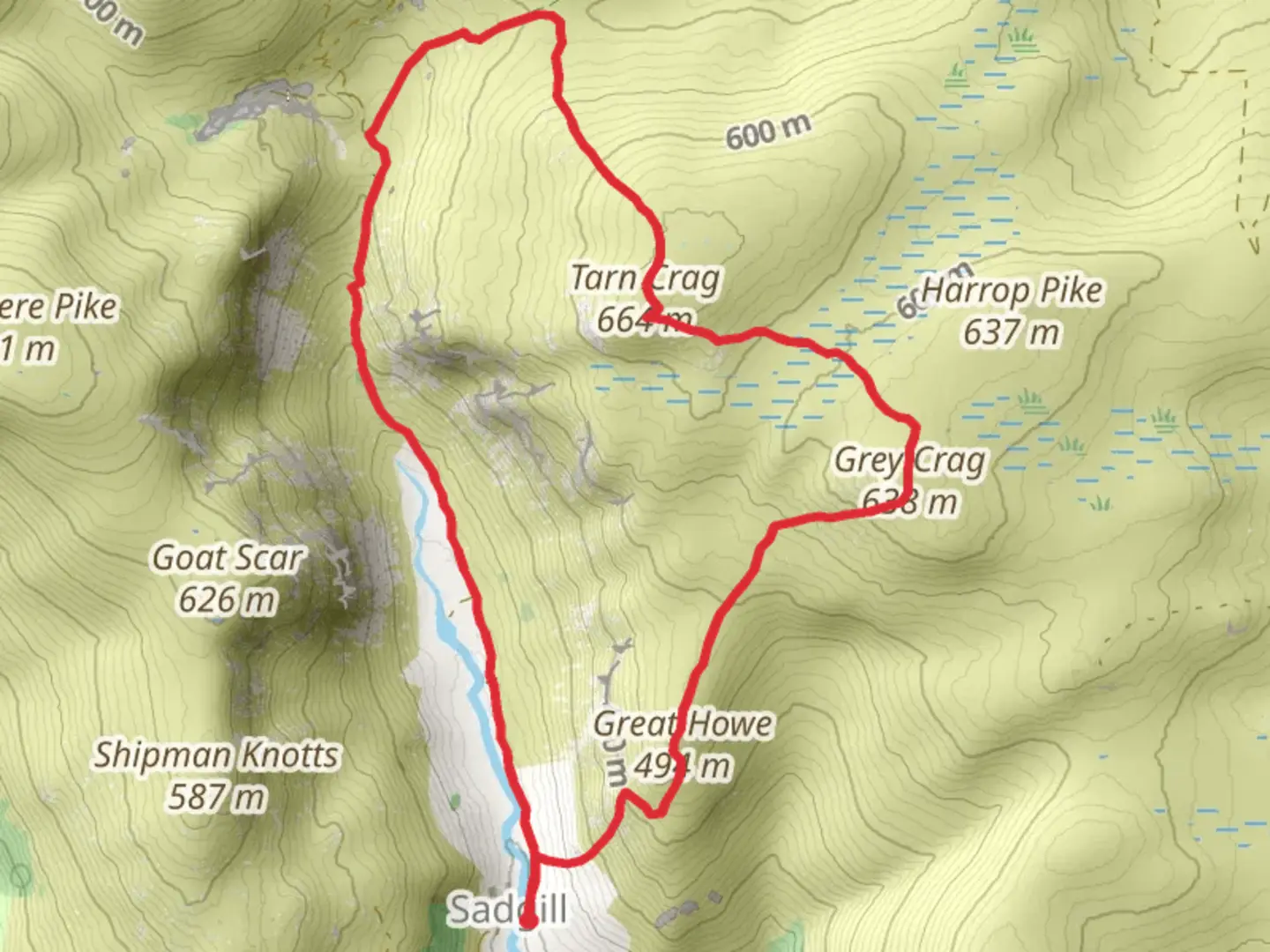 An image depicting the trail GreyCragTarnCrag and its surrounding area.