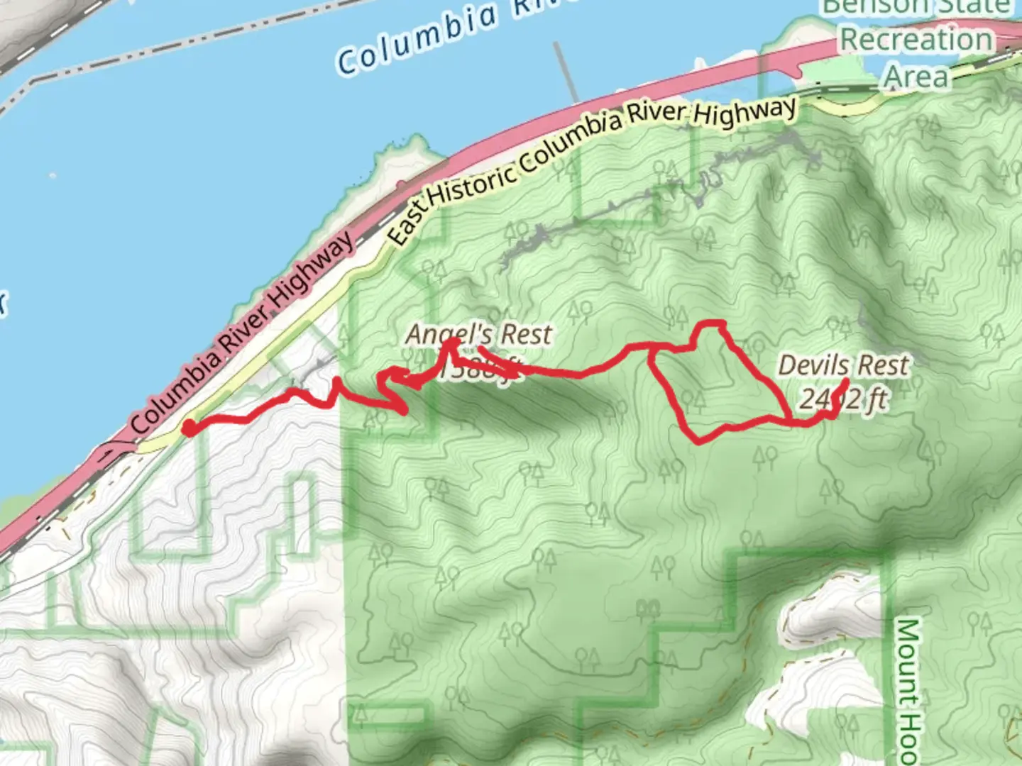 An image depicting the trail Angel's Rest, Devils Rest Loop and its surrounding area.