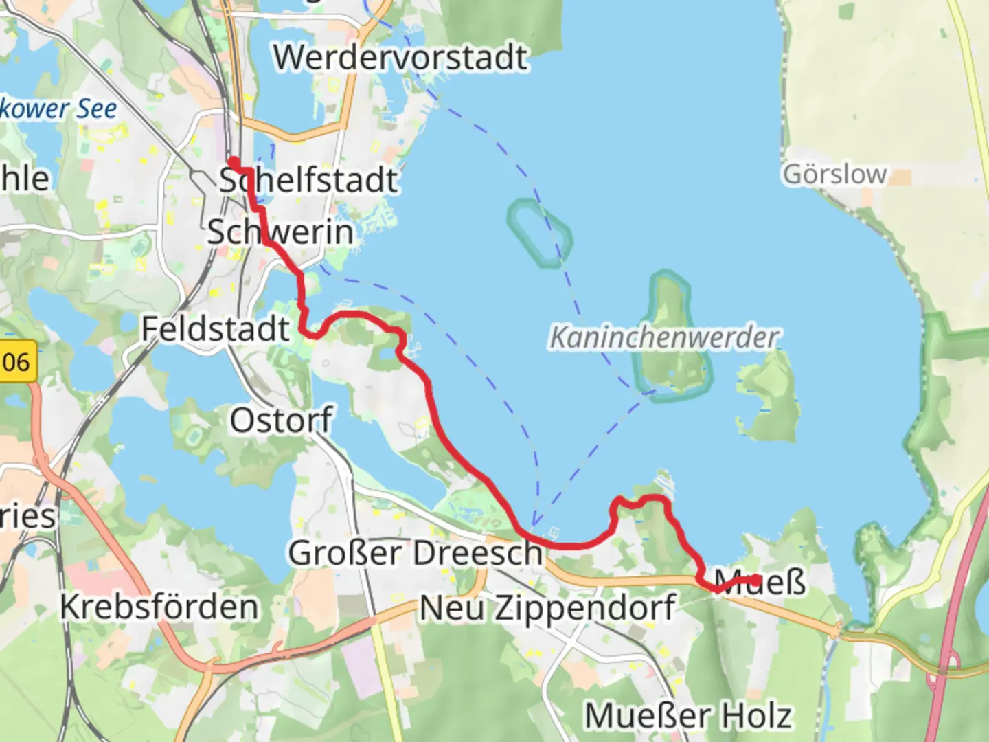 An image depicting the trail Hauptbahnhof to Mueß via Burgsee and Pfaffenteich and its surrounding area.