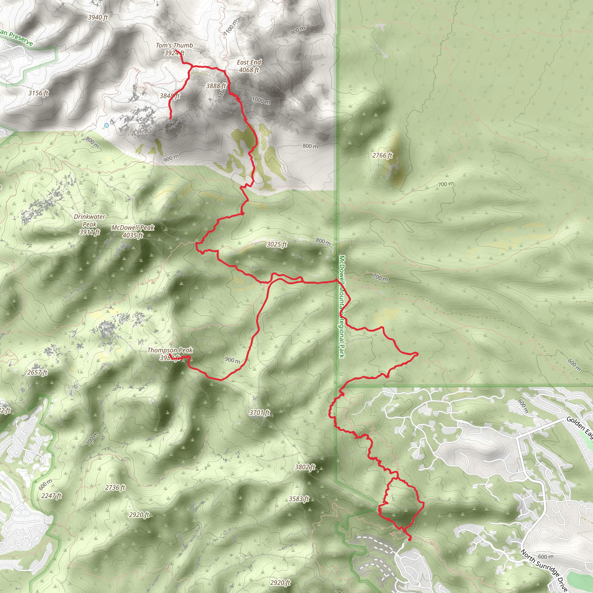 Thompson Peak, Tom's Thumb via East End Trail and Sonoran Trail mobile static map