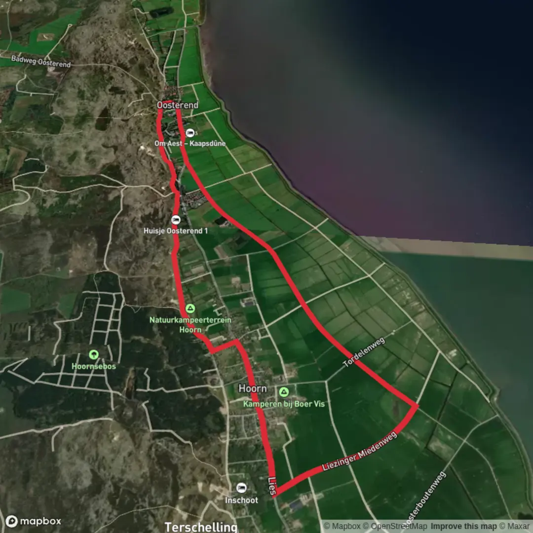 An image depicting the trail Duin Weg Hoorn and Jillen Weg and Nes Weg and its surrounding area.