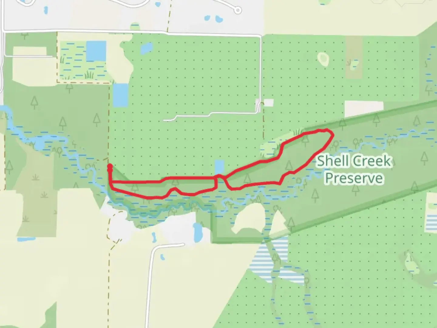 An image depicting the trail Shell Creek Preserve Loop and its surrounding area.