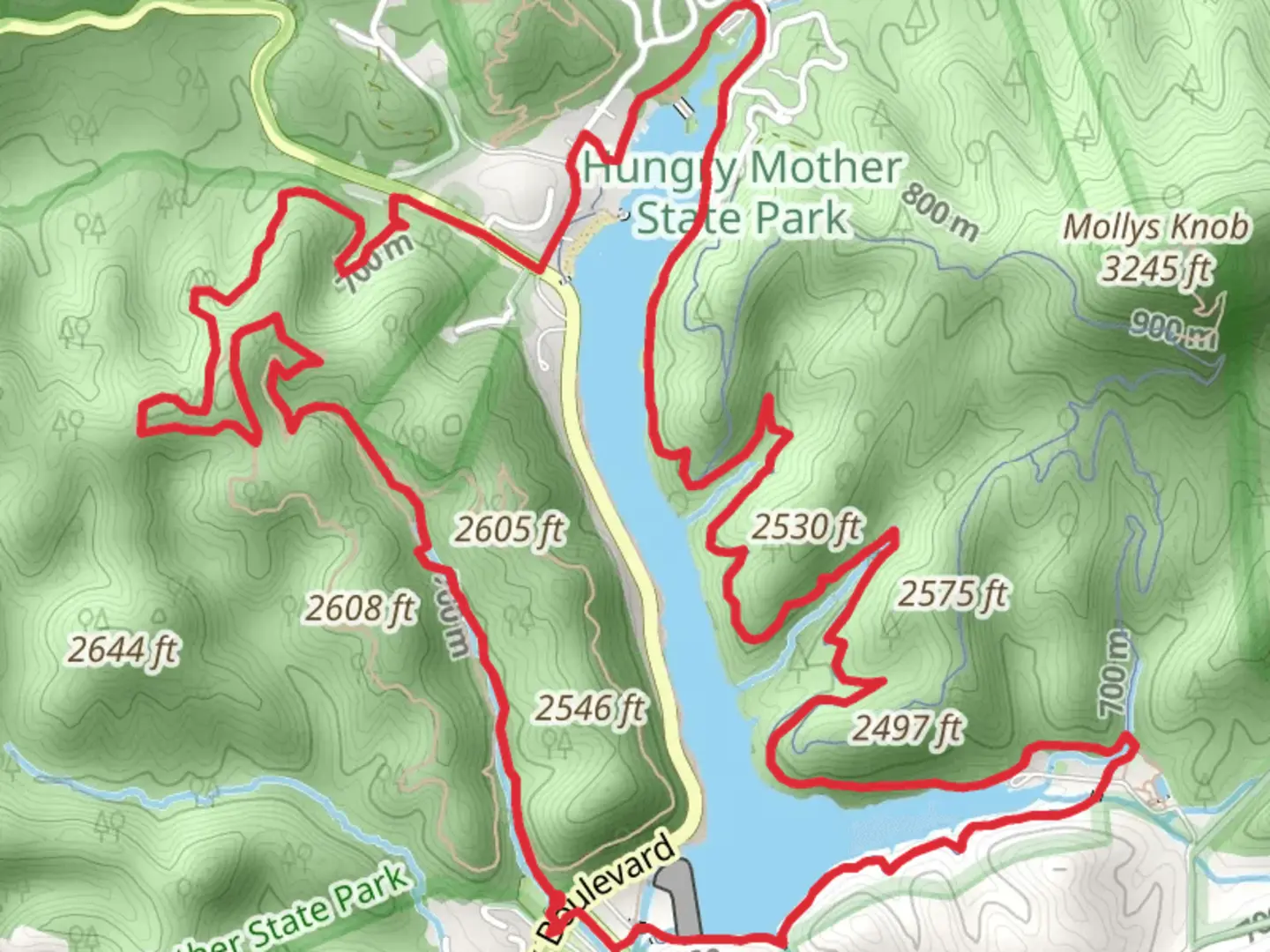 An image depicting the trail Hungry Mother Lake Loop and its surrounding area.
