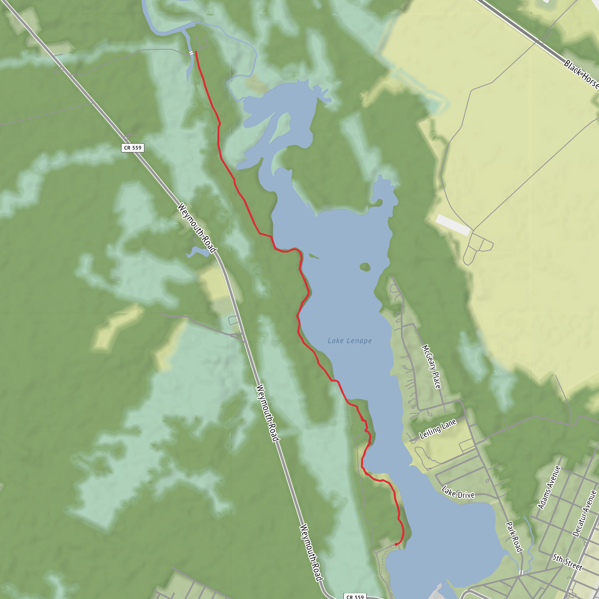 Lenape Lake via NJ State Long Trail and Lenape Park Bluffs mobile static map