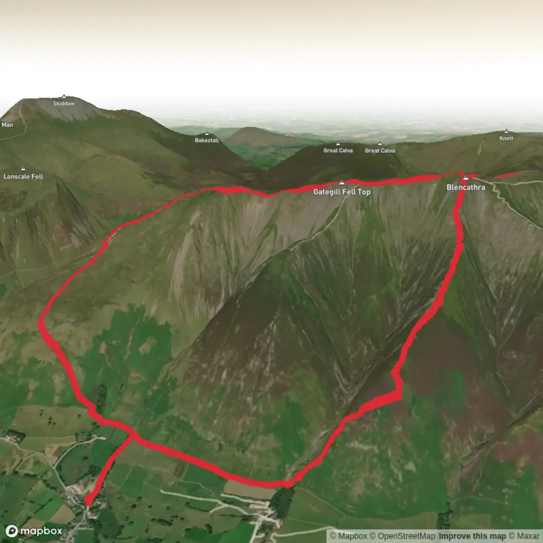 An image depicting the trail Blencathra-Halls Fell Ridge and its surrounding area.