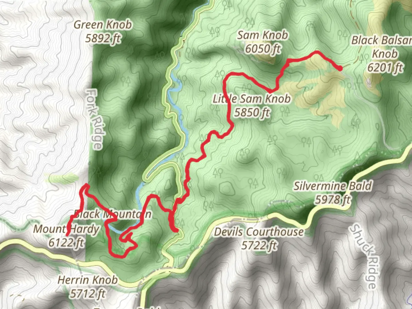 An image depicting the trail Black Mountain and Mount Hardy via Flat Laurel Creek Trail and its surrounding area.