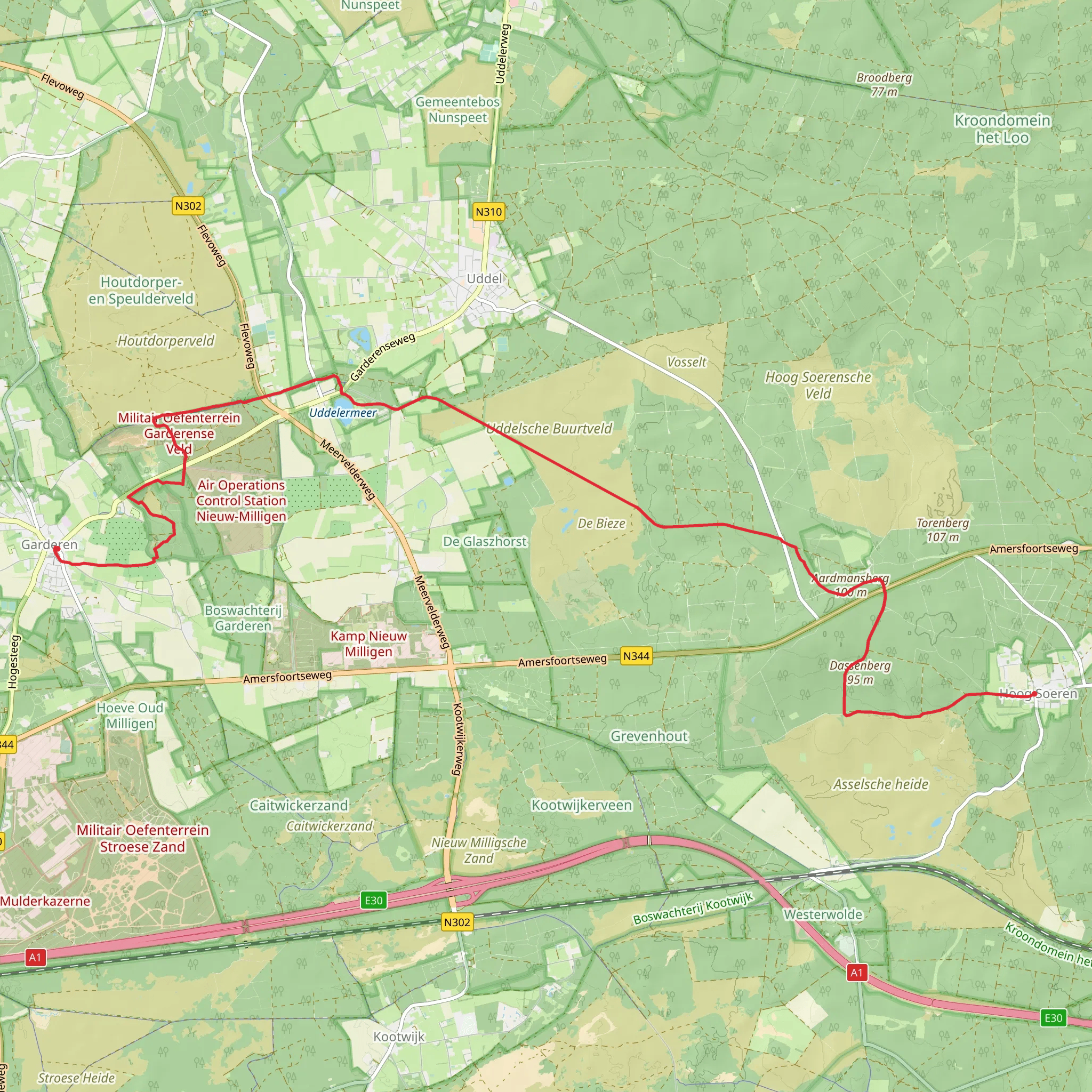 Garderen to Hoog Soeren via Uddelermeer and Uddelsche Buurtveld mobile static map
