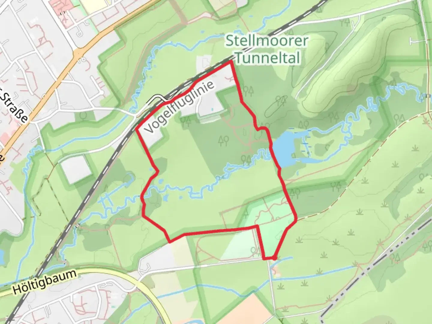 An image depicting the trail Stellmoorer Tunneltal Loop and its surrounding area.