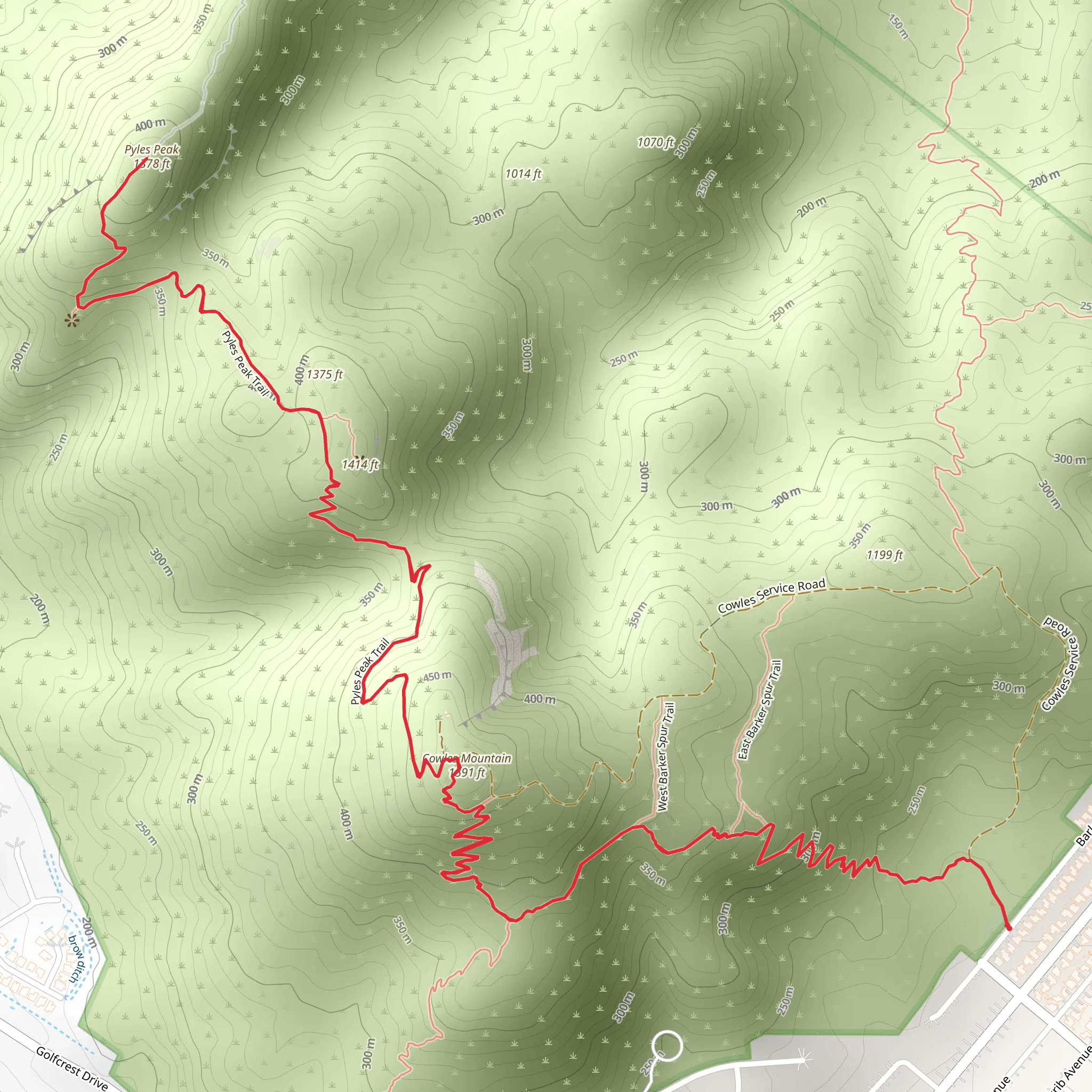 Pyles Peak and Cowles Mountain via Barker Way Trail mobile static map