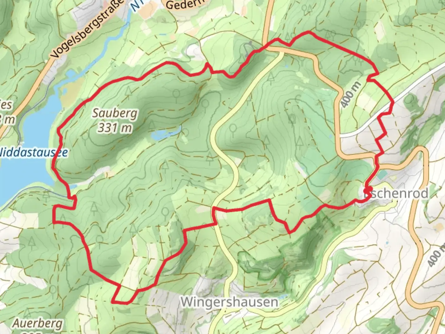 An image depicting the trail Eschenrod Loop via Niddastausee and its surrounding area.