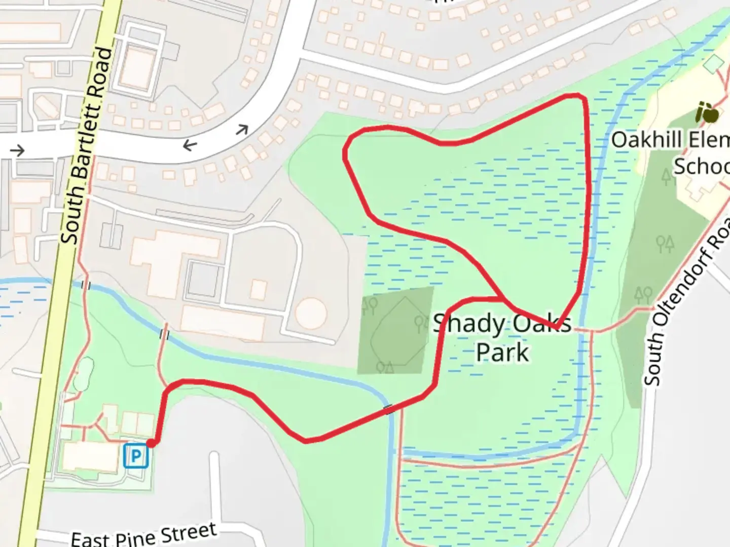 An image depicting the trail Shady Oaks Park Loop and its surrounding area.
