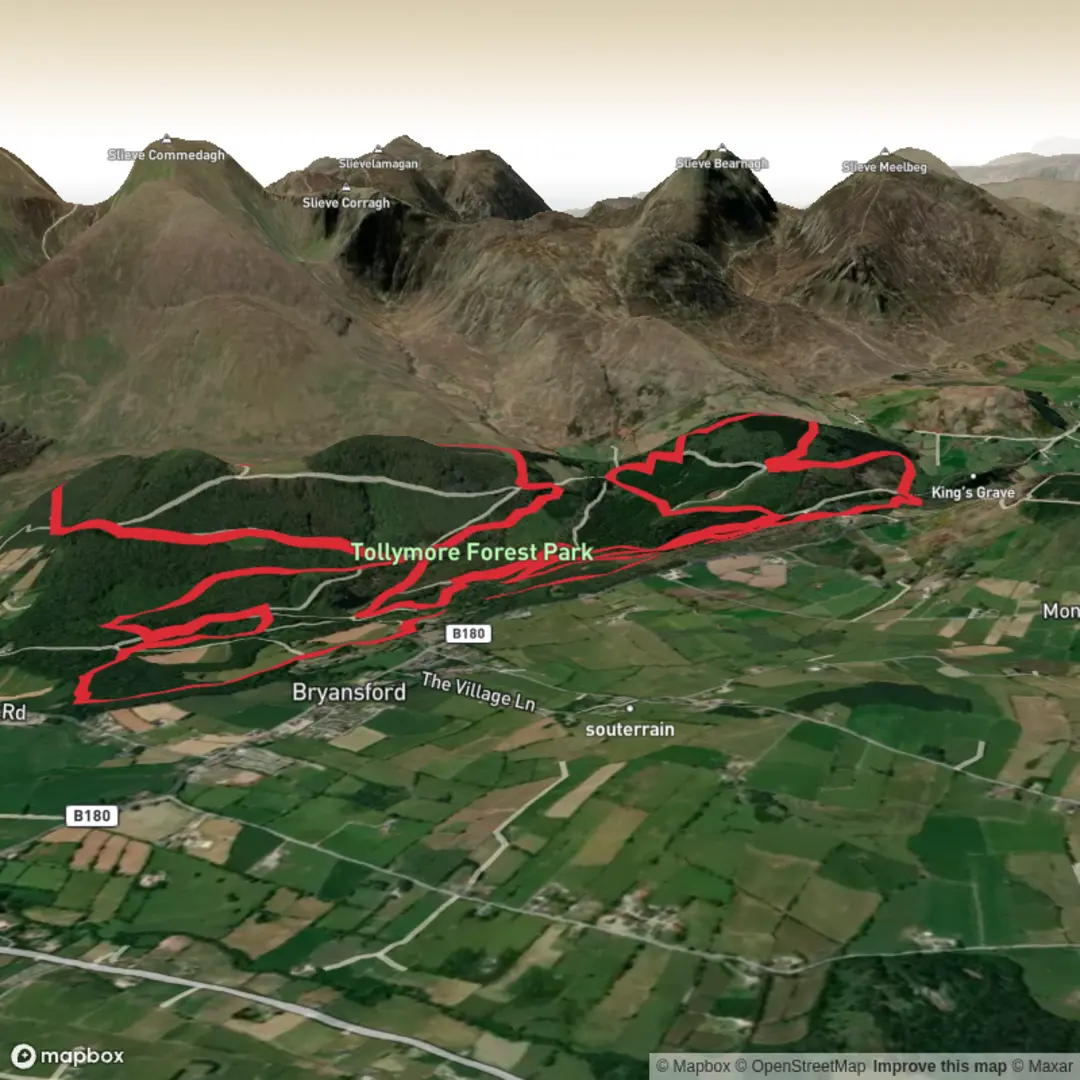 An image depicting the trail Tollymore Trail Half Marathon by 26extreme and its surrounding area.