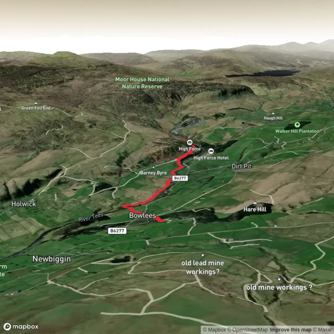 An image depicting the trail Low Force and High Force Waterfalls and its surrounding area.