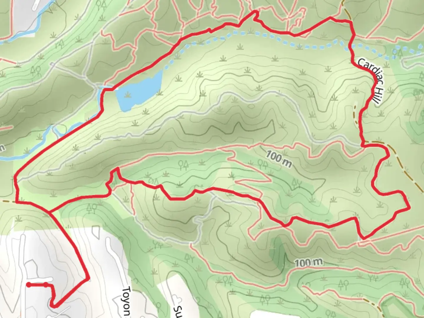 An image depicting the trail Cardiac Hill and North Rim Loop Trail and its surrounding area.