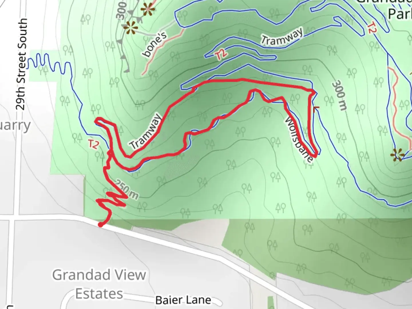 An image depicting the trail Wolfsbane Loop and its surrounding area.