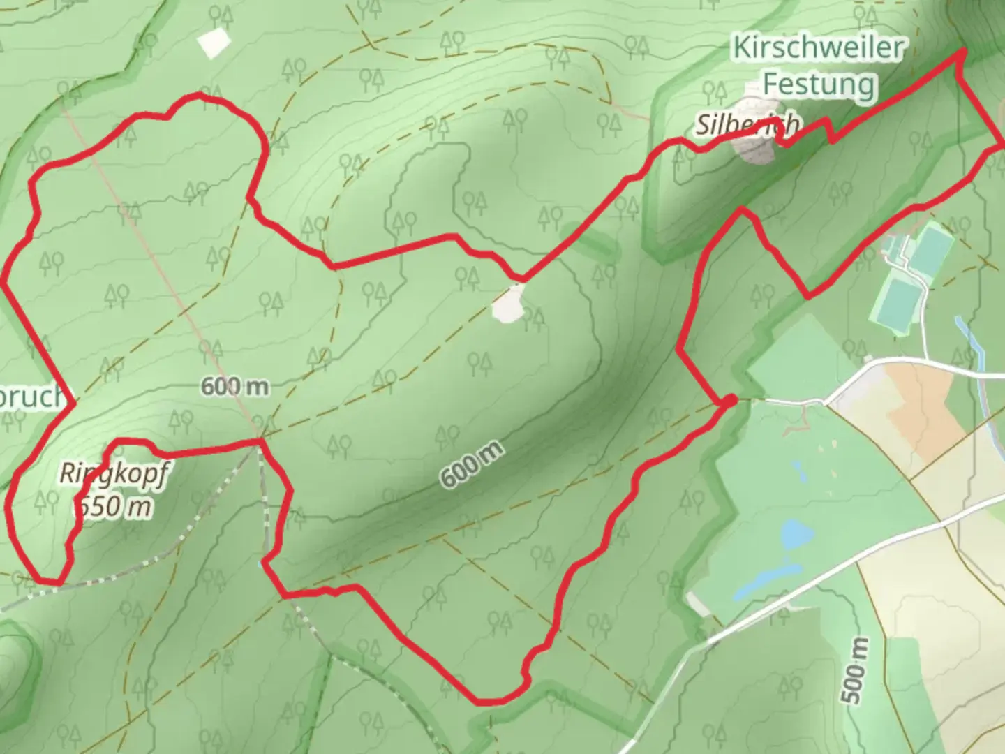 An image depicting the trail Ringkopf Loop via Traumschleife Kirschweiler Festung and its surrounding area.