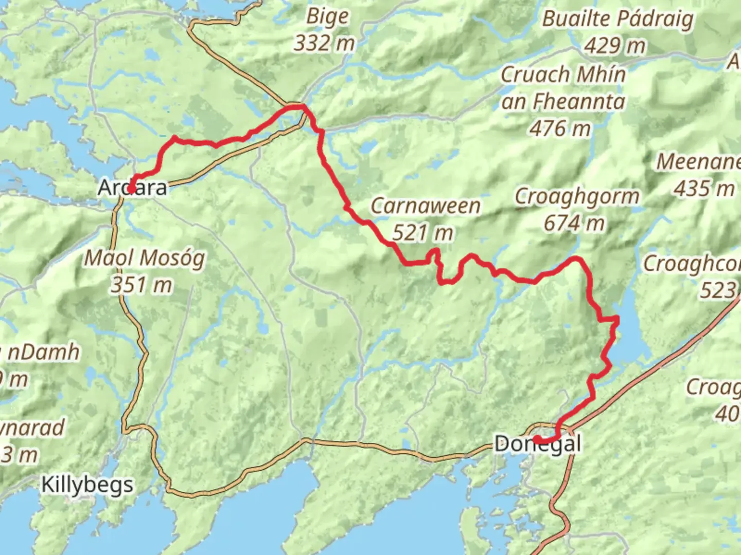 An image depicting the trail 50km Bluestack Way Ultra and its surrounding area.