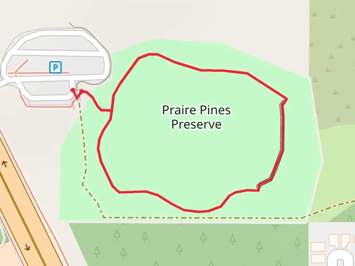 An image depicting the trail Praire Pines Preserve Loop and its surrounding area.