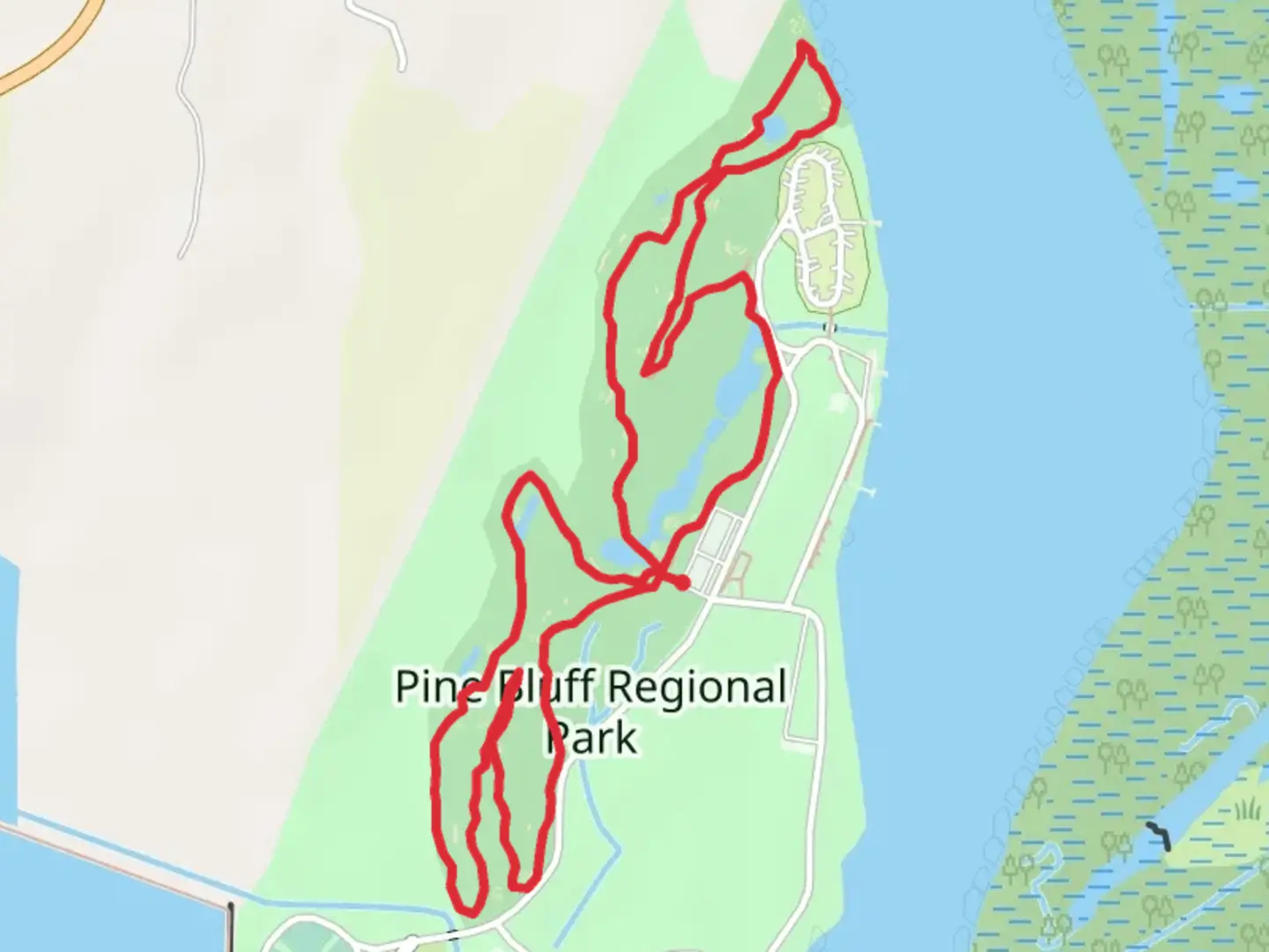 An image depicting the trail Pine Bluff Regional Park Loop and its surrounding area.