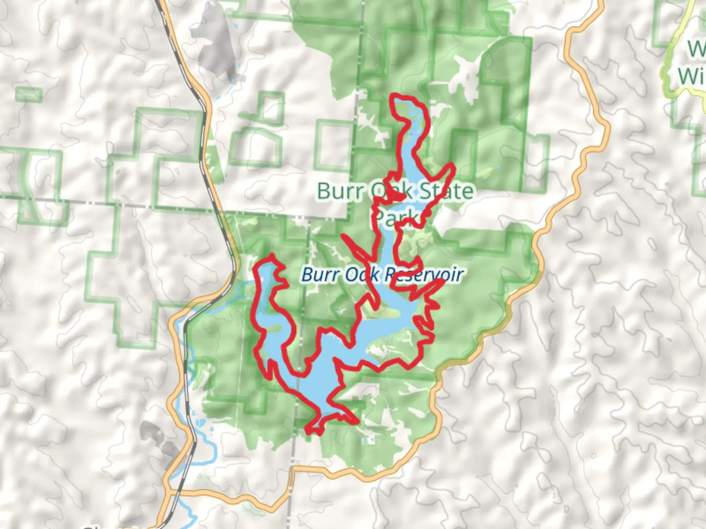 An image depicting the trail Burr Oak Reservoir Loop and its surrounding area.