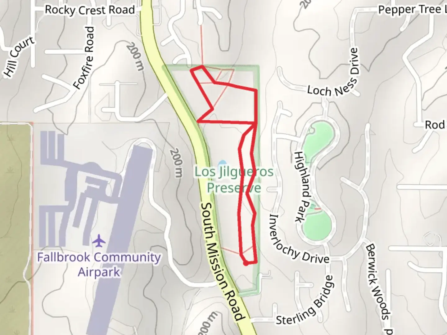 An image depicting the trail Los Jilgueros Preserve Loop and its surrounding area.