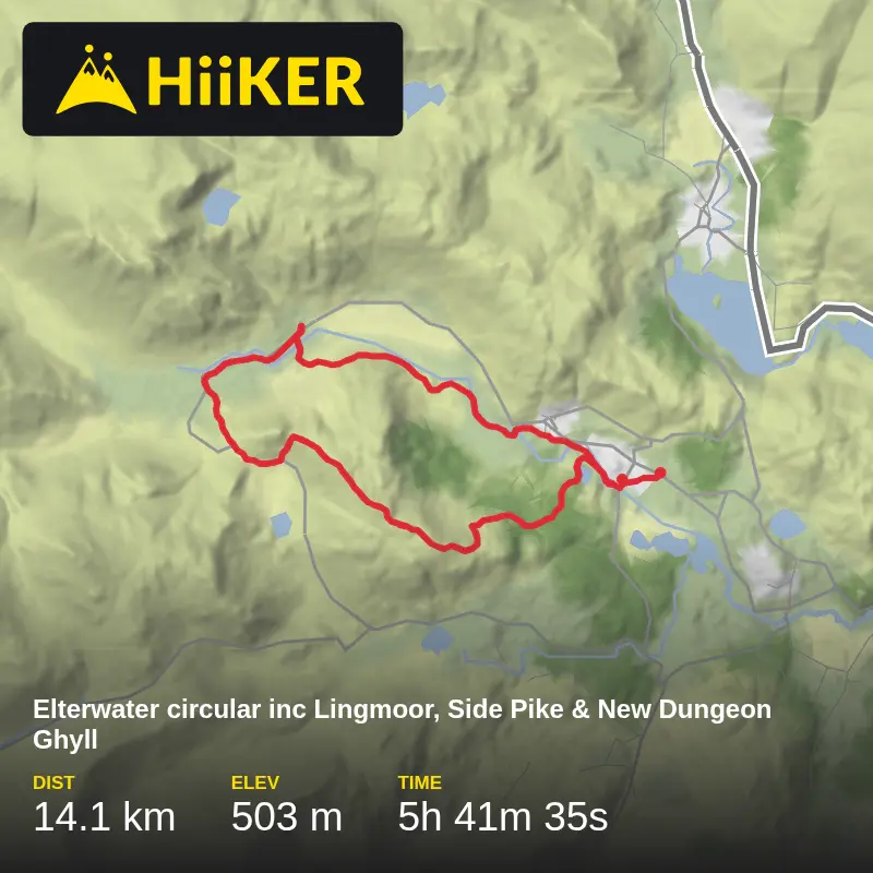 A map preview of the recording Elterwater circular inc Lingmoor, Side Pike & New Dungeon Ghyll.