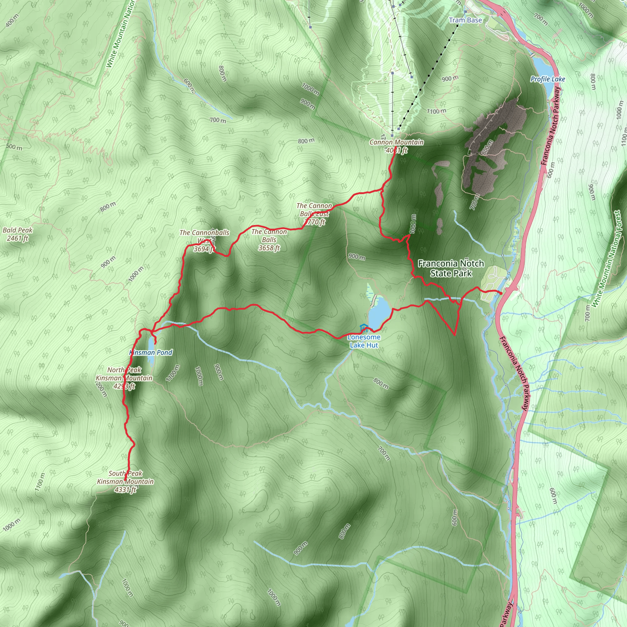 Cannon Mountain and North-South Kinsman Mountain Loop via Lonesome Lake Trail mobile static map