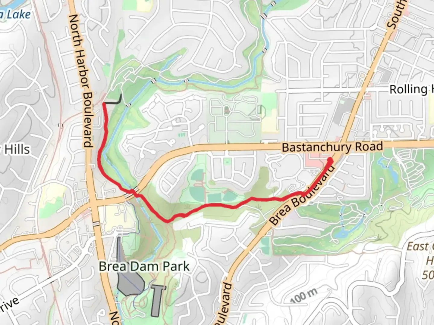 An image depicting the trail Brea Dam Trail and its surrounding area.