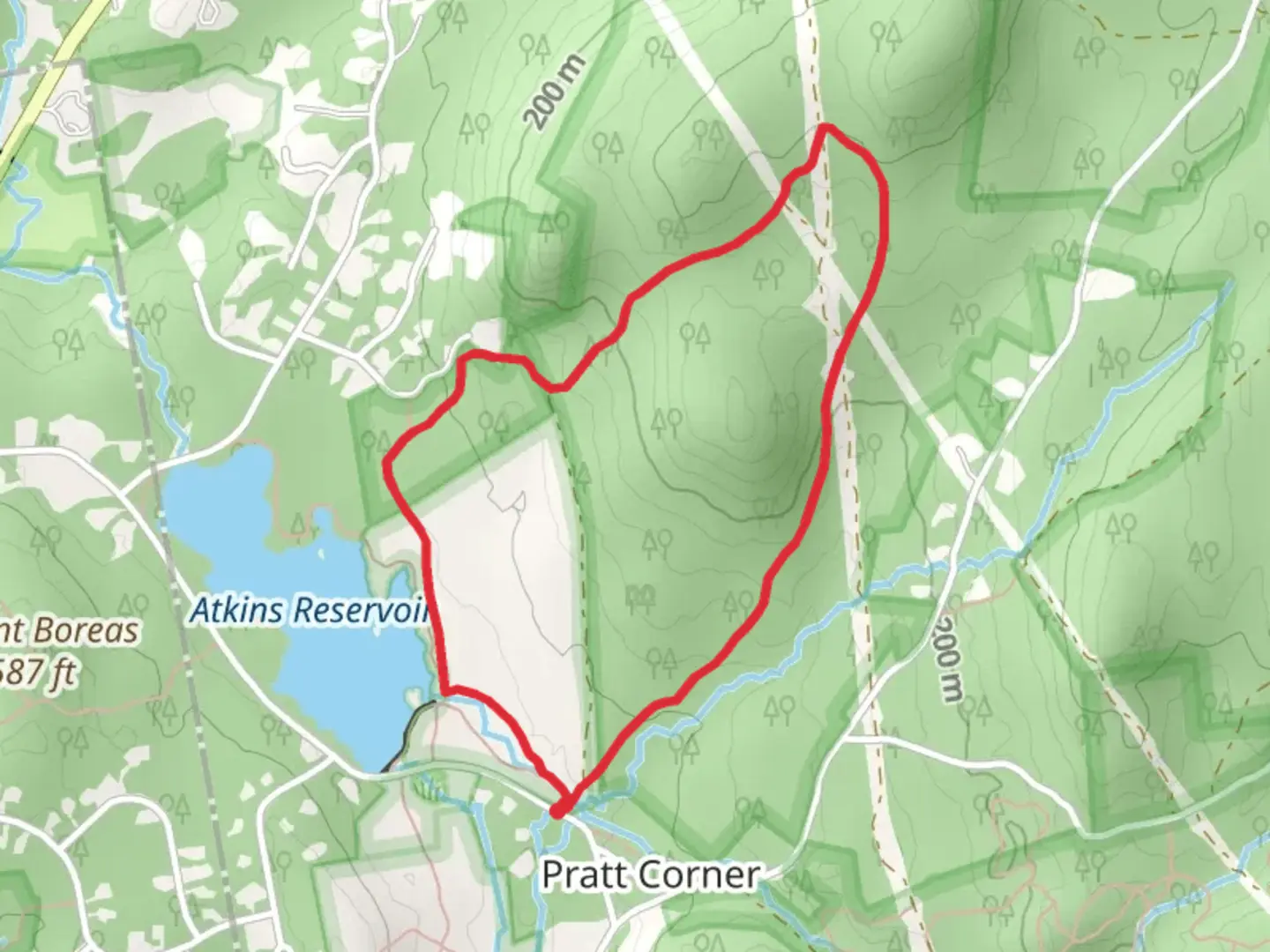 An image depicting the trail Atkins Reservoir and Amherst Watershed Land Loop and its surrounding area.