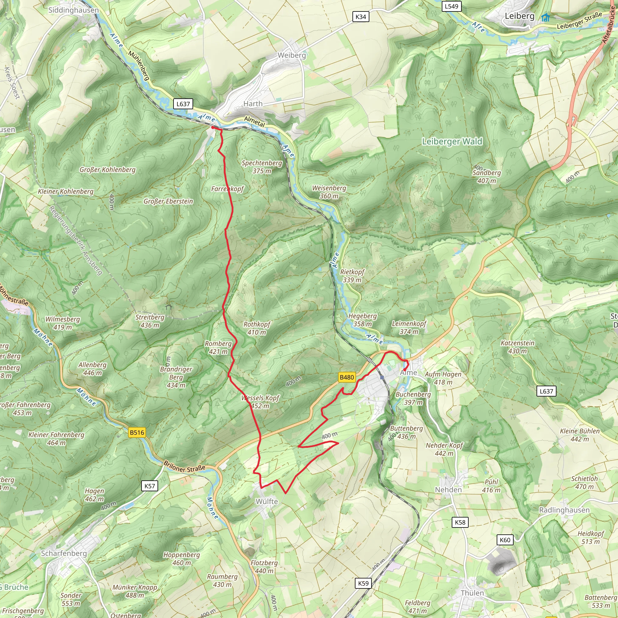Ringelstein to Alme via Farrenkopf Grenzsteinweg and Kleiner Romberg mobile static map