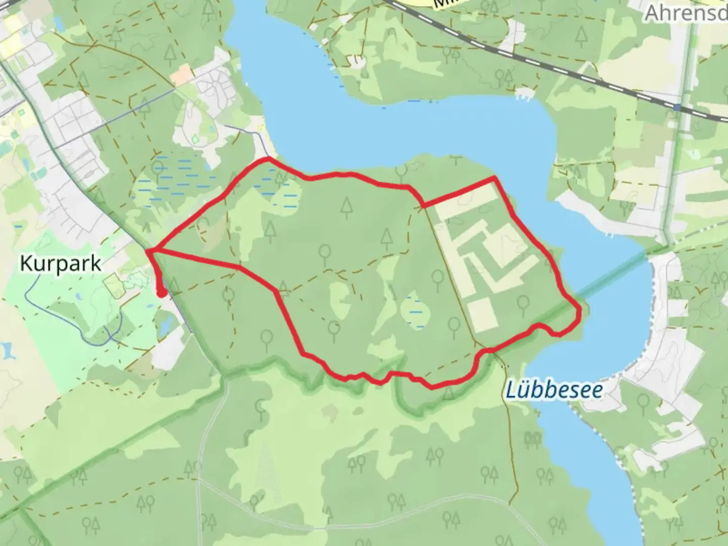 An image depicting the trail Lübbesee via Gelber Balken and Gelber Punkt and its surrounding area.