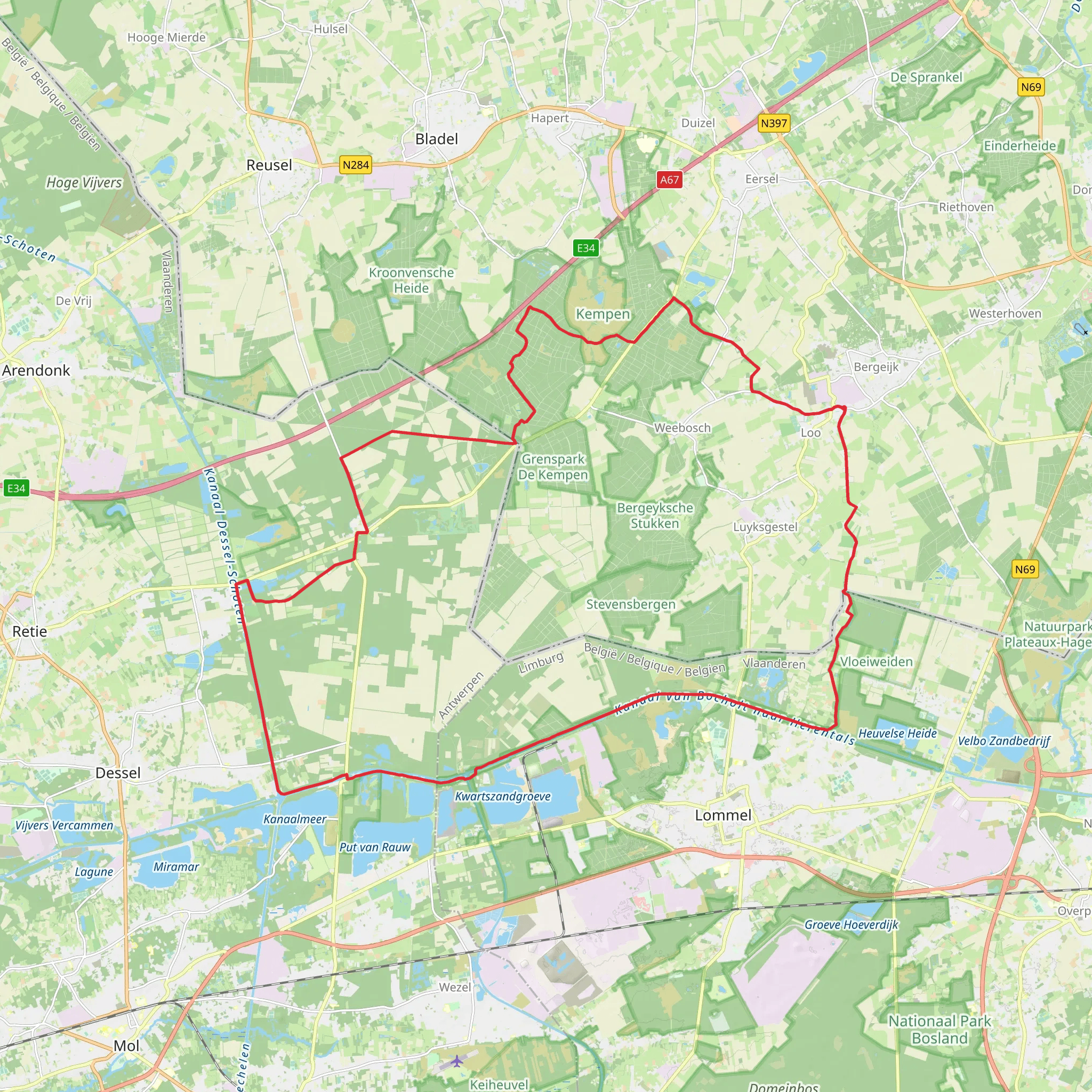 Cartierheide, De Kempen and Vakantiepark de Vossemeren Loop mobile static map