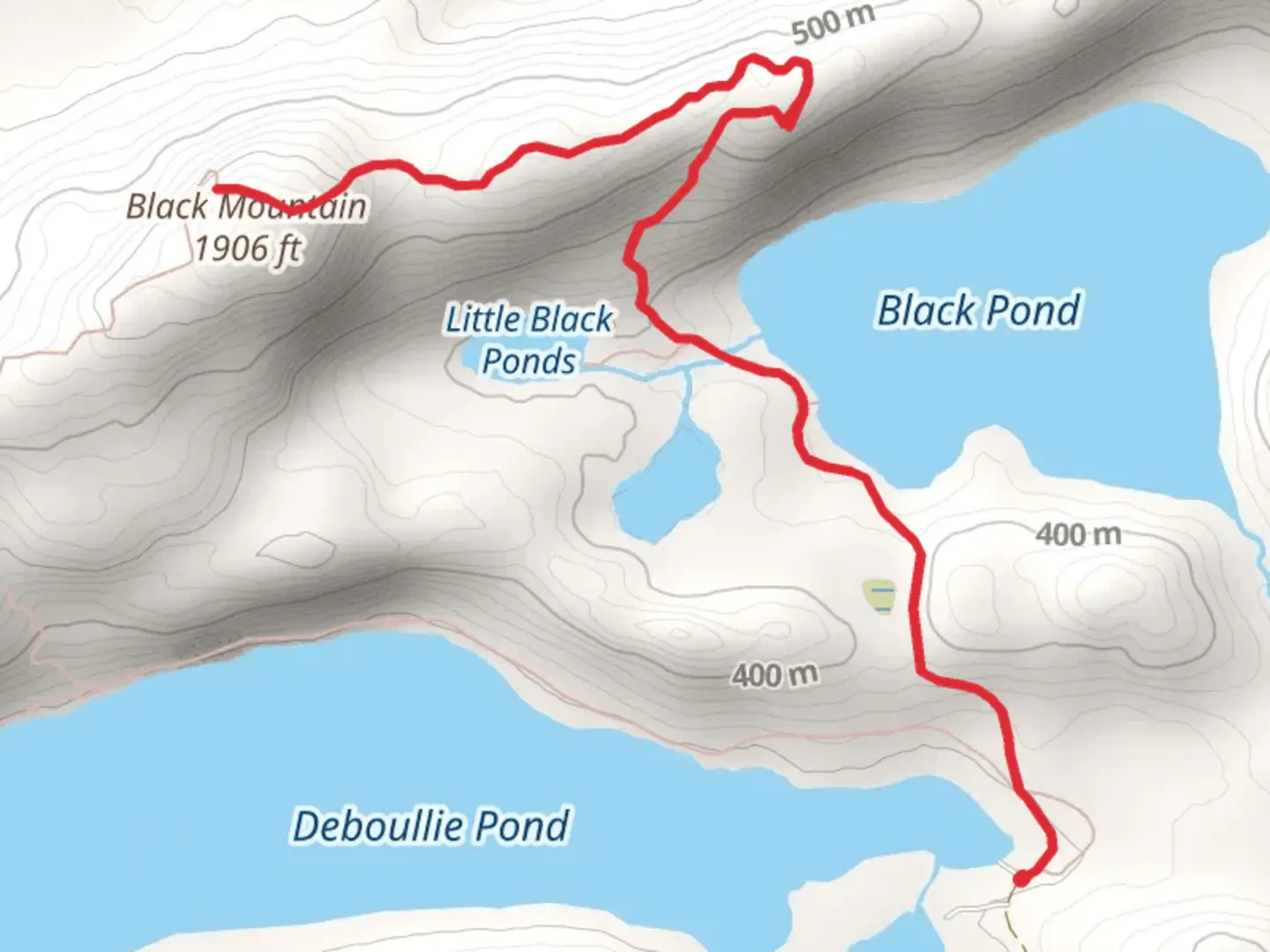 An image depicting the trail Black Mountain Trail from Pushineer Pond and its surrounding area.