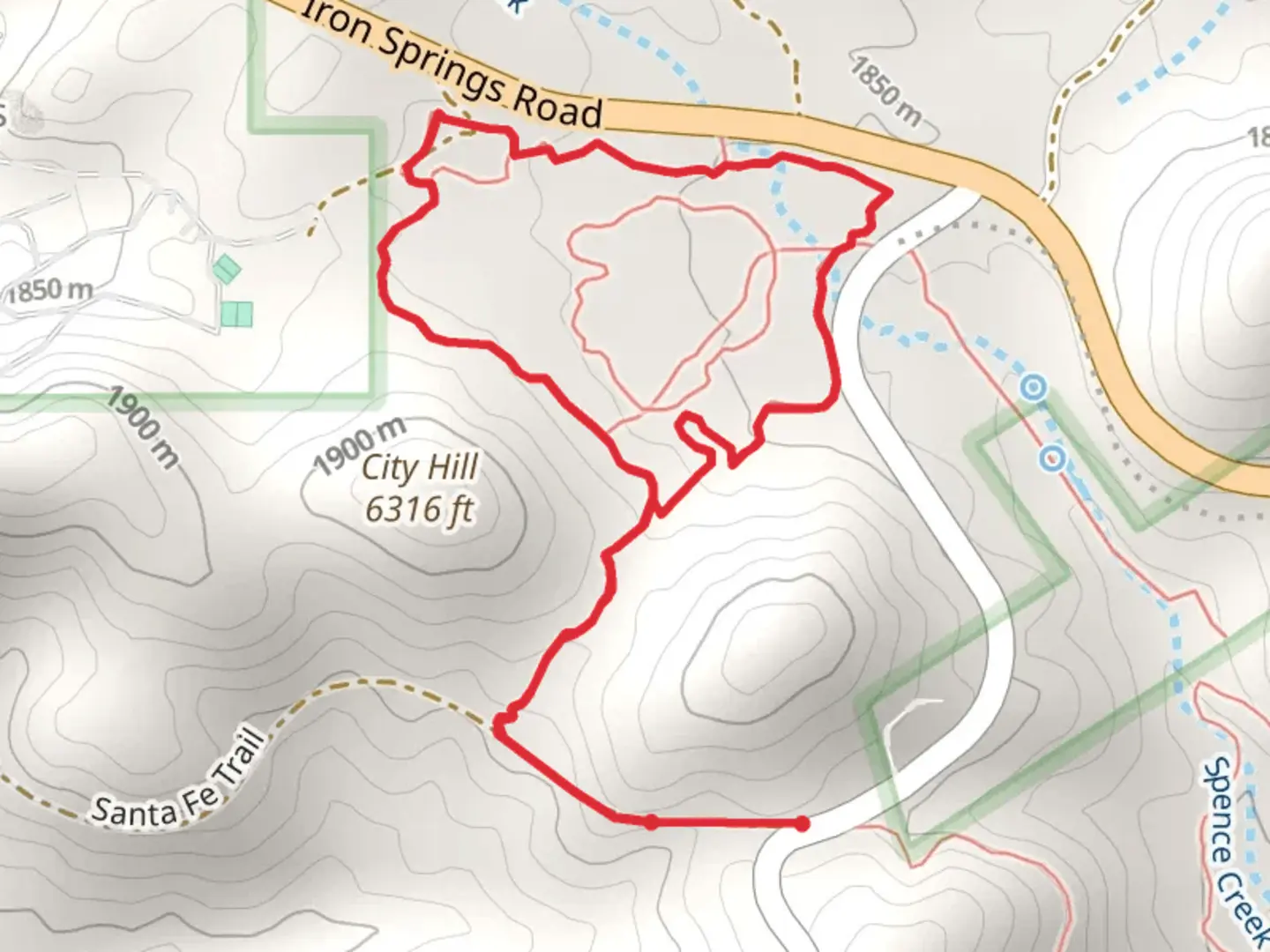 An image depicting the trail Spence Creek and Santa Fe Loop Trail and its surrounding area.