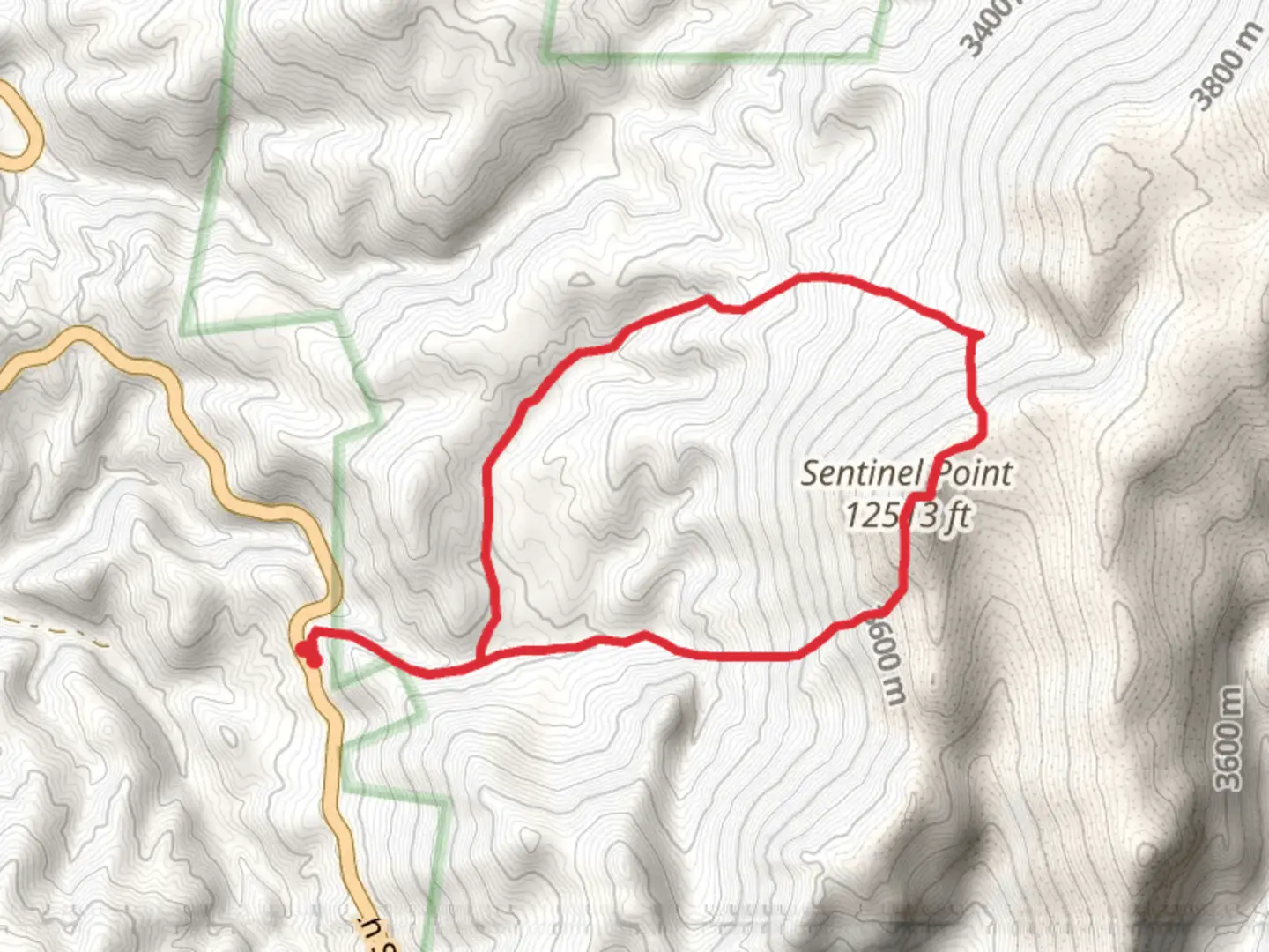 An image depicting the trail Sentinel Point via Horsetheif Park Trail and its surrounding area.