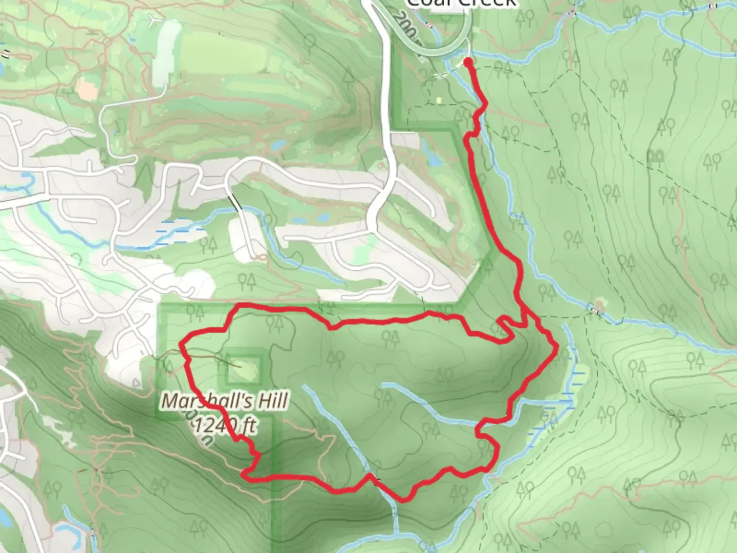 An image depicting the trail Wildside, Marshall's Hill and De Leo Wall Loop Trail and its surrounding area.