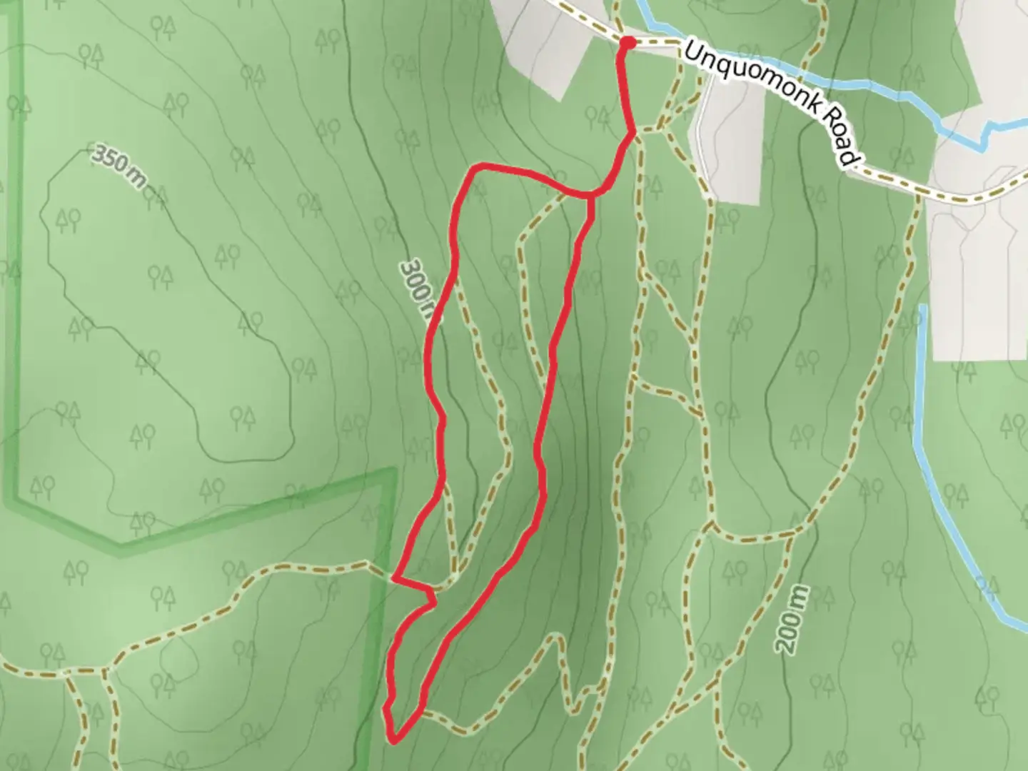An image depicting the trail Unquomonk Road south Short Loop Trail and its surrounding area.