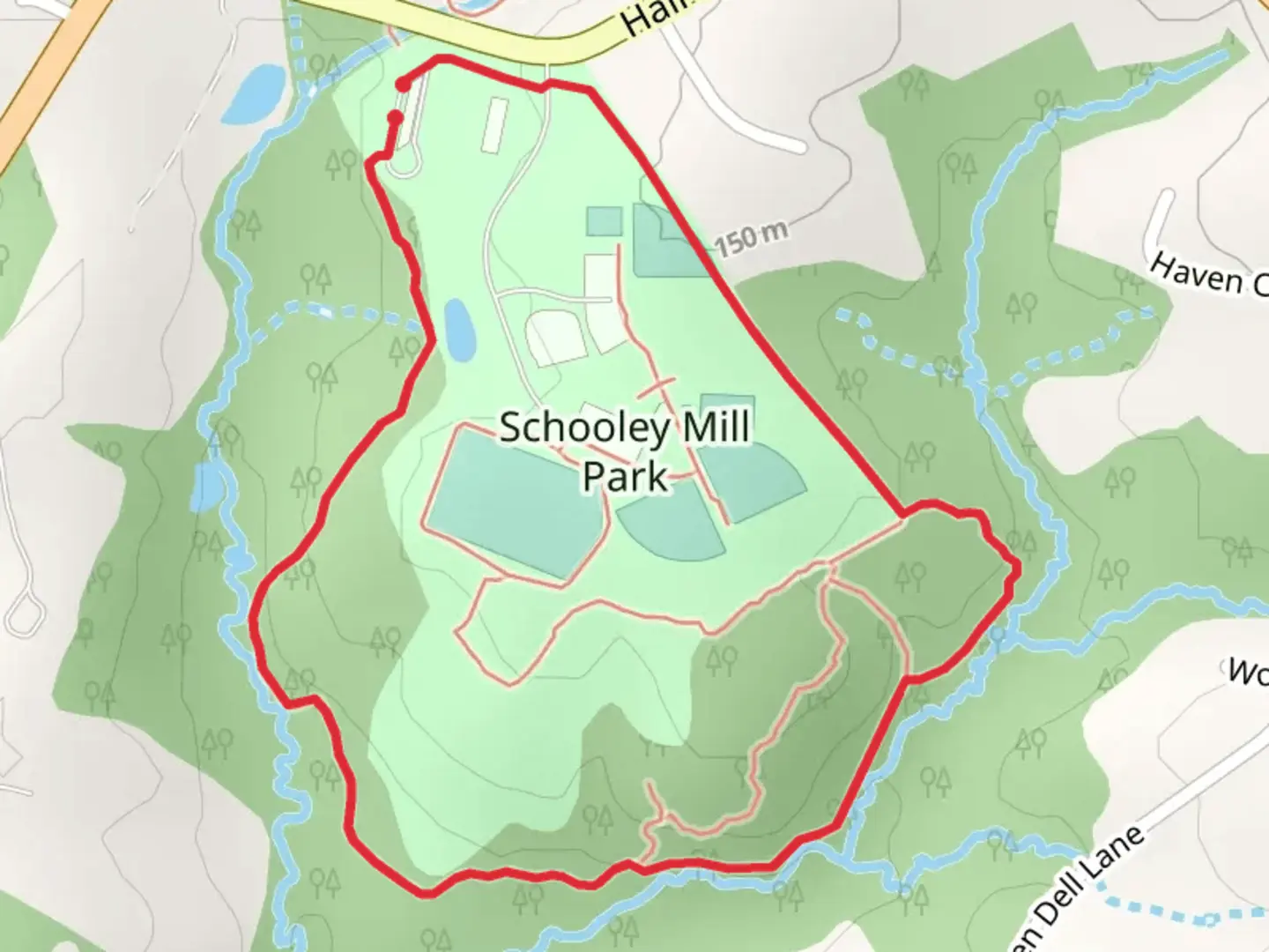 An image depicting the trail Schooley Mill Park Loop and its surrounding area.