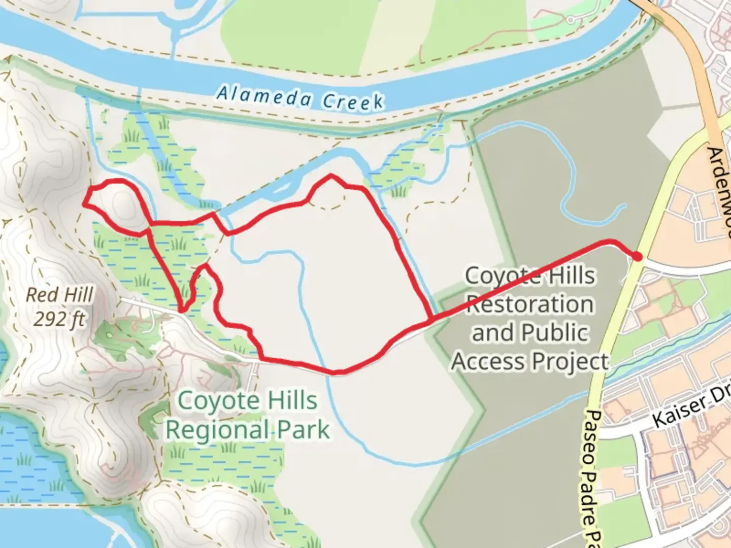 An image depicting the trail Muskrat Trail and Chochenyo Trail Loop and its surrounding area.