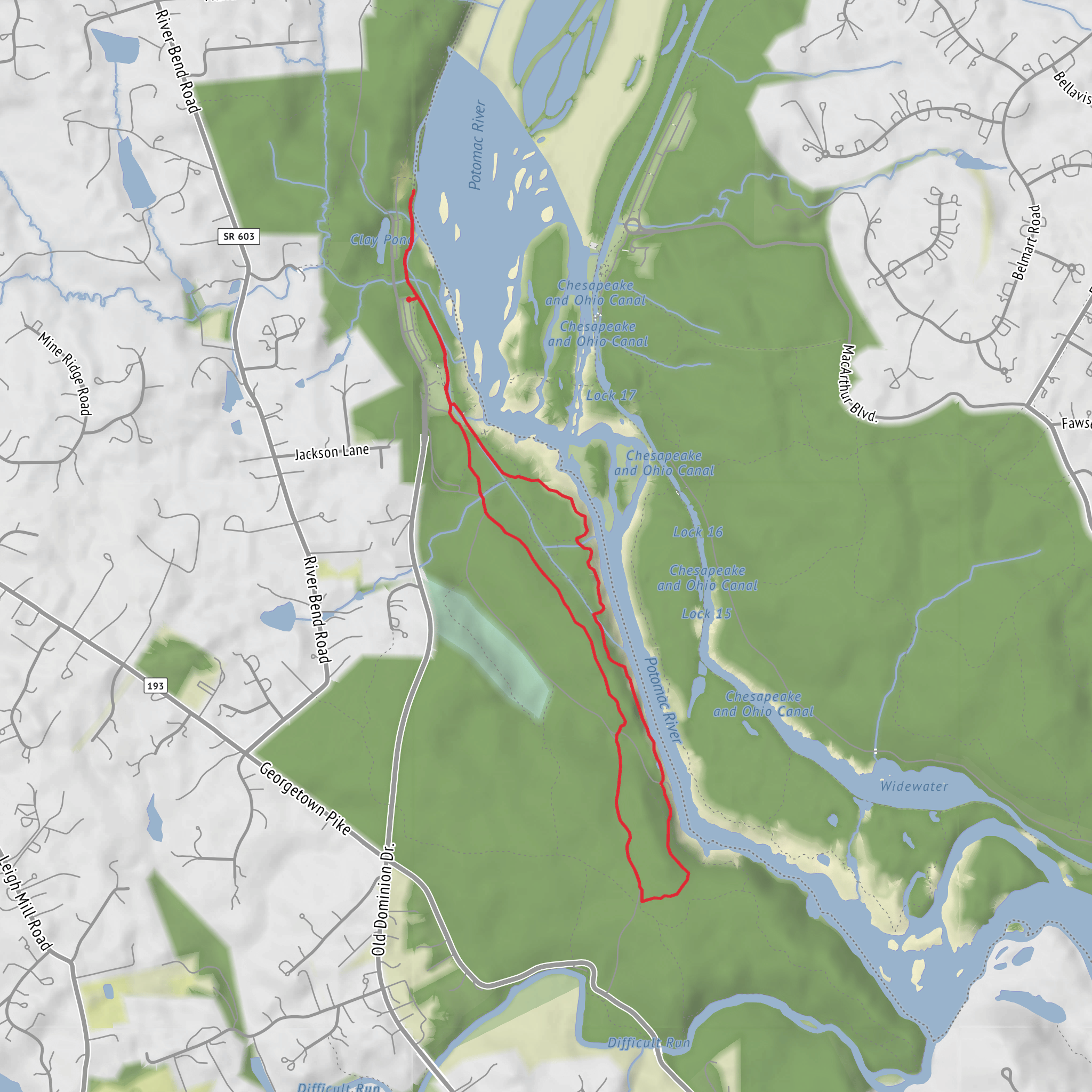 Great Falls via Potomac Trail and River Trail mobile static map
