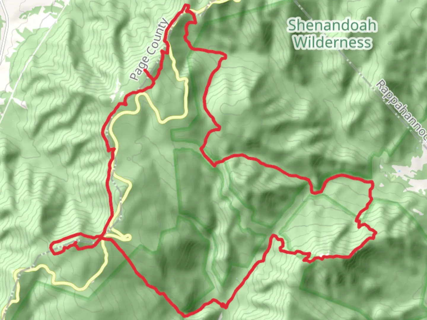 An image depicting the trail Cedar Run, Hawksbill, Stony Man, Corbin Hollow and Old Rag Mountain Loop Trail and its surrounding area.
