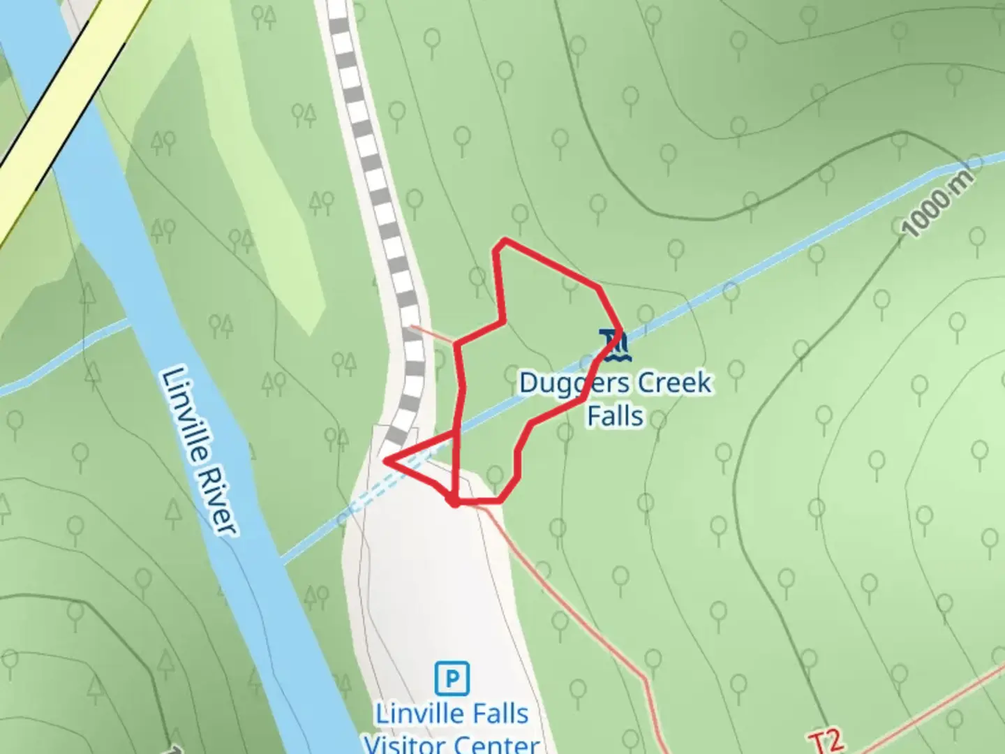 An image depicting the trail Duggers Creek Falls Loop Trail and its surrounding area.