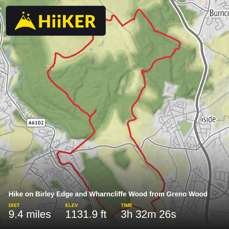 A map preview of the recording Hike on Birley Edge and Wharncliffe Wood from Greno Wood.