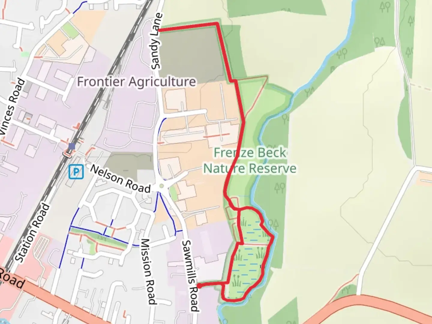 An image depicting the trail Frenze Beck Nature Reserve Loop and its surrounding area.