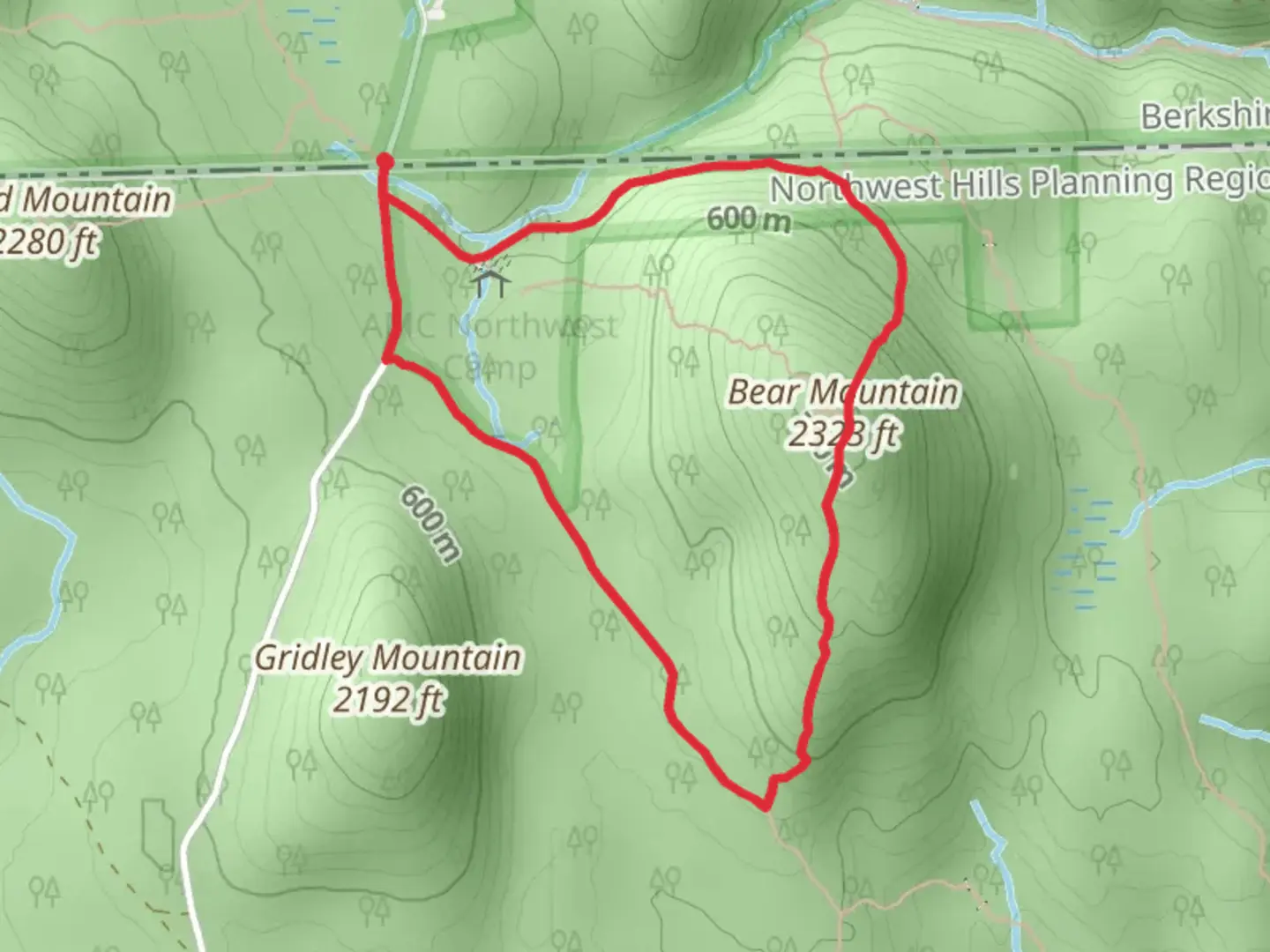 An image depicting the trail Bear Mountain Loop from Bear Mountain Road and its surrounding area.