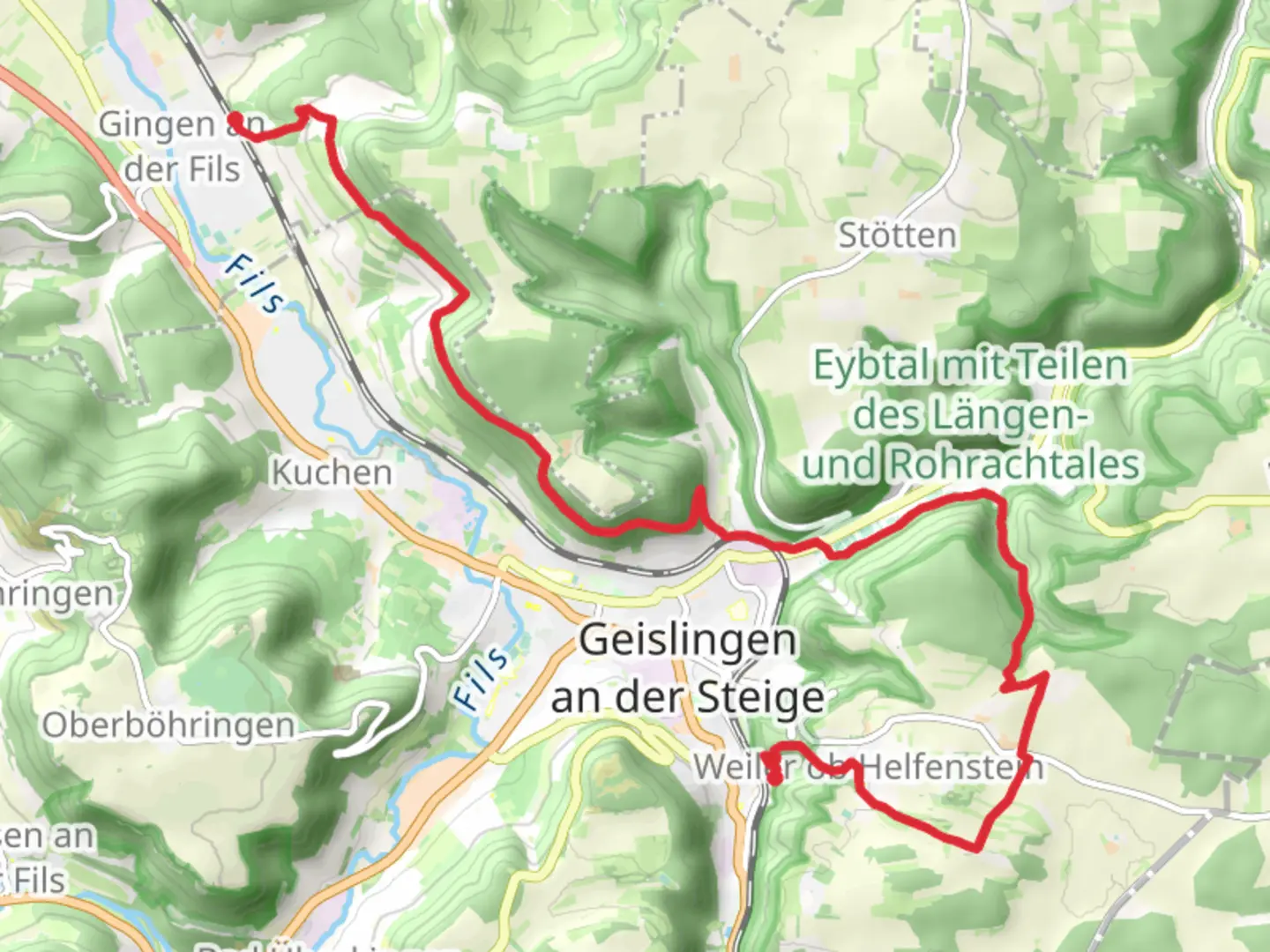 An image depicting the trail Gingen to Geislingen Walk via Kuhfels and its surrounding area.