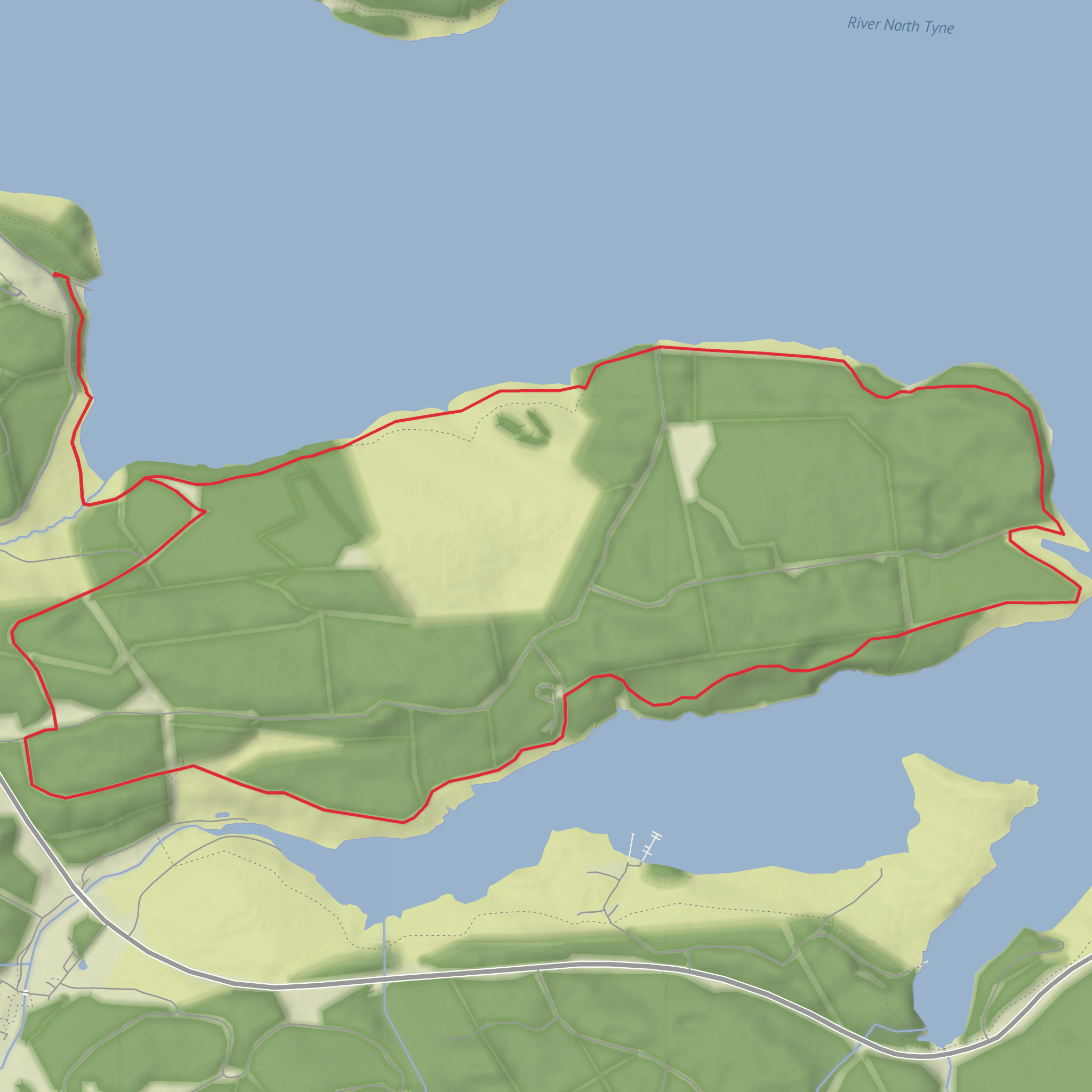 Bull Crag Peninsula Loop via Kielder Water and Whickhope mobile static map