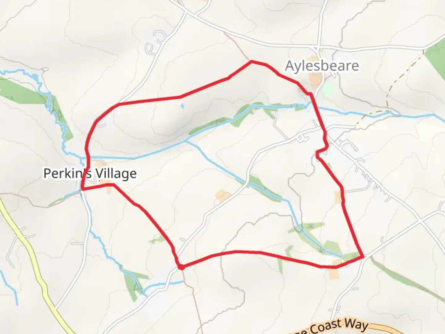 An image depicting the trail Aylesbeare Loop and its surrounding area.